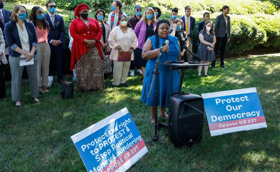 Dawn Blagrove, executive director of Emancipate NC, speaks during a press conference against House Bill 237, the anti-mask and campaign finance bill, outside the Legislative Building in Raleigh, N.C., Tuesday, June 11, 2024.