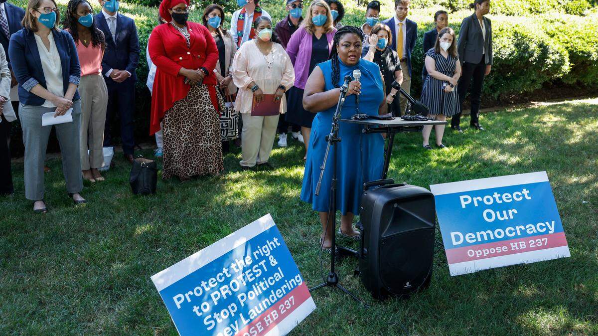 Dawn Blagrove, Executive Director of Emancipate NC, speaks during a press conference against House Bill 237, the anti-mask and campaign finance bill, outside the Legislative Building in Raleigh, N.C., Tuesday, June 11, 2024.