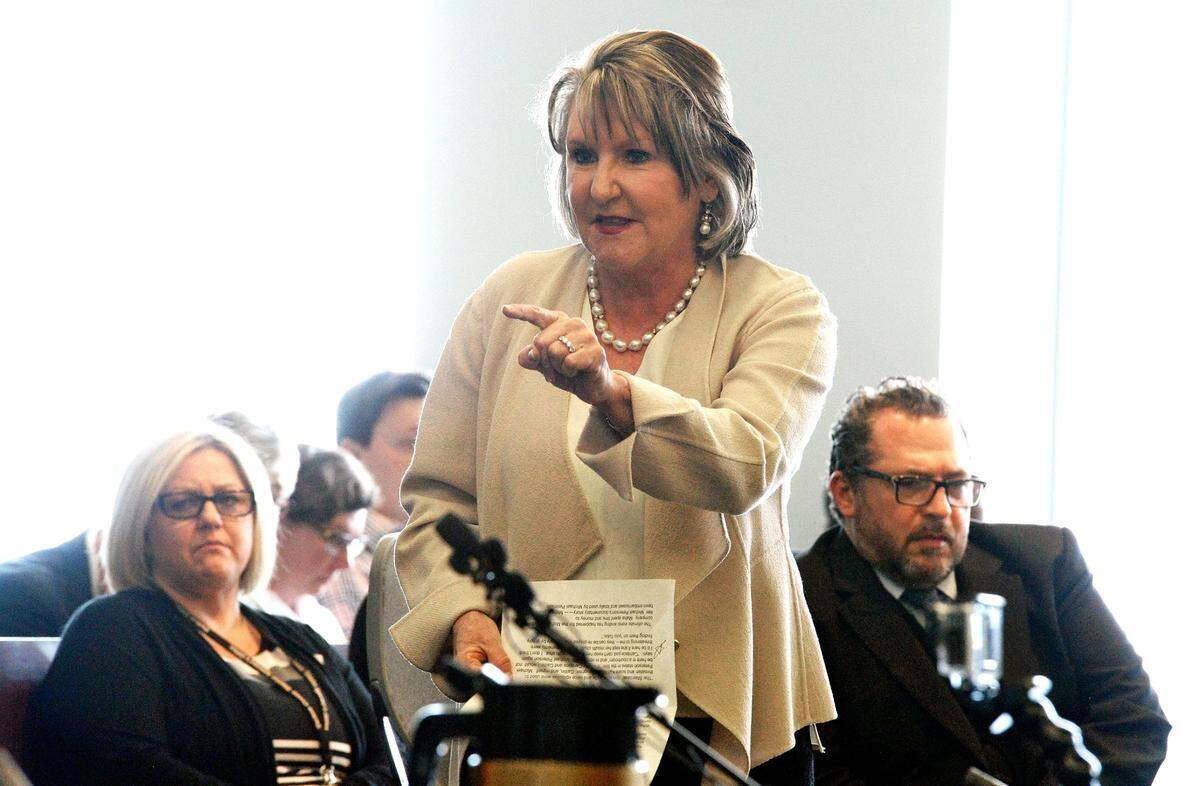 Candace Zamperini, sister of Kathleen Peterson confronts Michael Peterson and defense attorney David Rudolf hurt her and her family with a “web of misdirections, lies and intimidation” during the victims statements portion of Peterson’s hearing at the Durham County Courthouse, in Durham, N.C. Friday, Feb. 24, 2017. Peterson took an Mike Peterson entered an Alford plea to a charge of voluntary manslaughter. Taking an Alford plea, a defendant can maintain his or her innocence while acknowledging prosecutors have enough evidence for a conviction. During a press conference afetrwards Peterson and Rudolf maintained Peterson’s innocence and claimed malfeasance of the Durham police department were the reasons for his convictions.