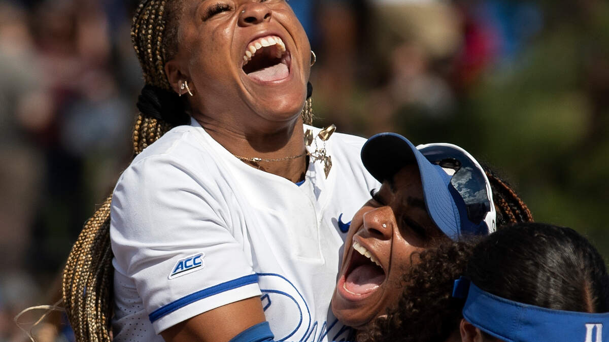 Duke’s Jala Wright and D’Auna Jennings embrace following the Blue Devils’ 6-3 win over Florida State in the ACC Tournament final on Saturday, May 11, 2024, in Durham, N.C.