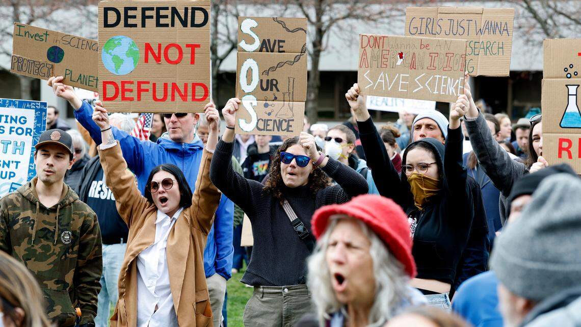 Hundreds attend the Stand Up for Science rally at Halifax Mall in Raleigh, N.C., Friday, March 7, 2025. The rally was one of over 30 rallies across the country to protest Pres. Donald Trump and Elon Musk’s cuts of scientific funding and what they consider anti-science orders.