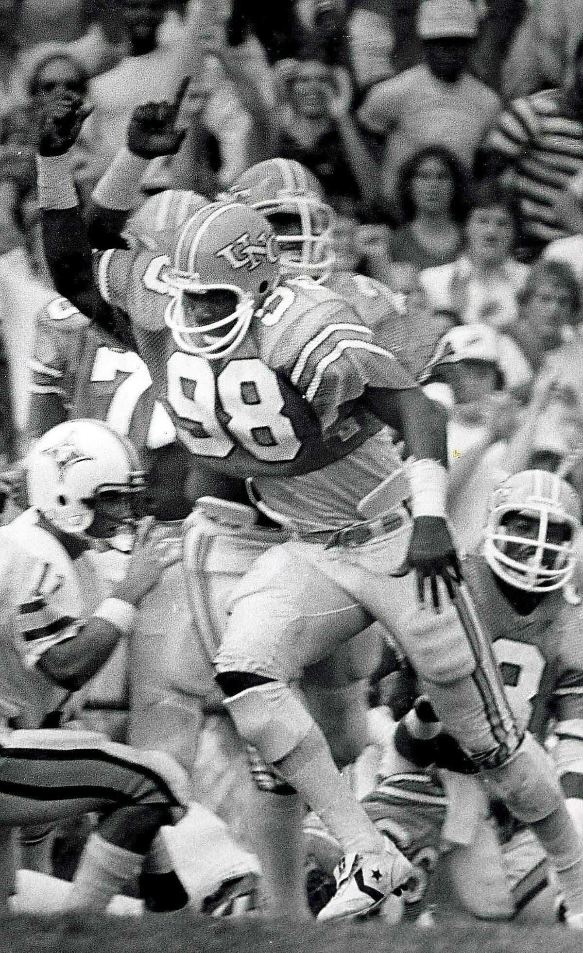 UNC's Lawrence Taylor (98) celebrates a sack against Furman on Sept. 6, 1980 at Kenan Stadium in Chapel Hill.