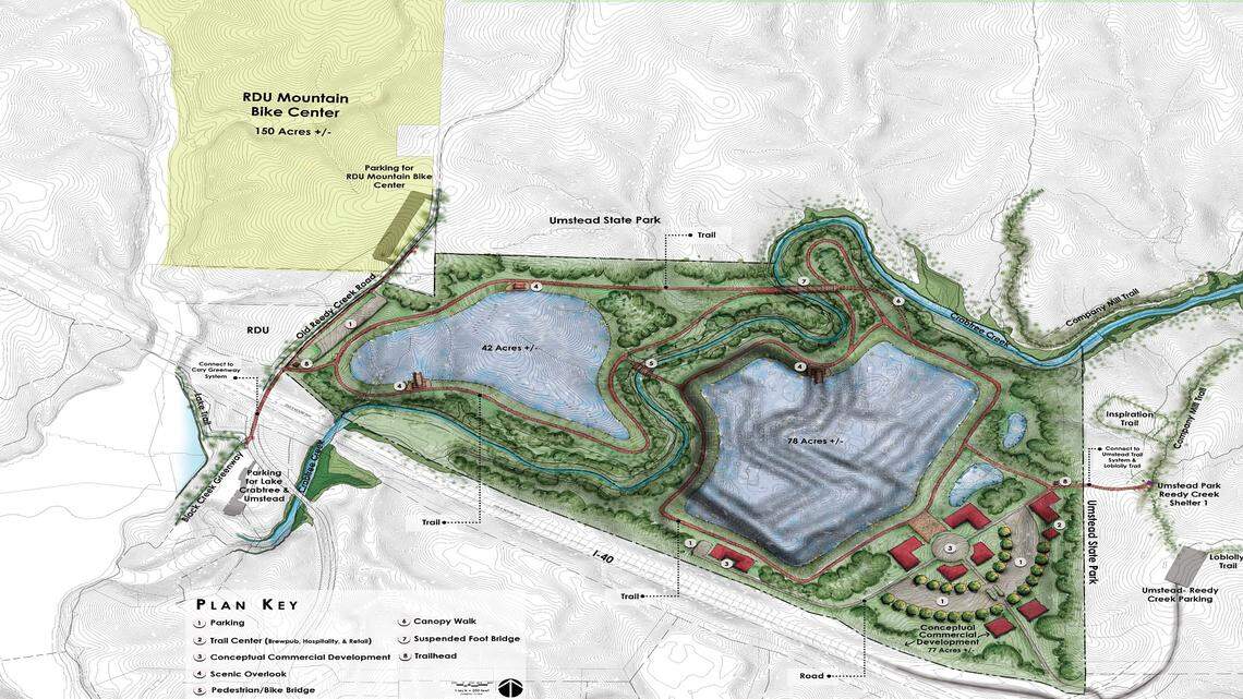This conceptual plan shows how two Wake Stone quarries adjacent to Umstead State Park might be redeveloped as recreational land after mining is completed. North Carolina courts have upheld Raleigh-Durham International Airport’s authority to lease 105 acres to Wake Stone to develop the mine on the left.
