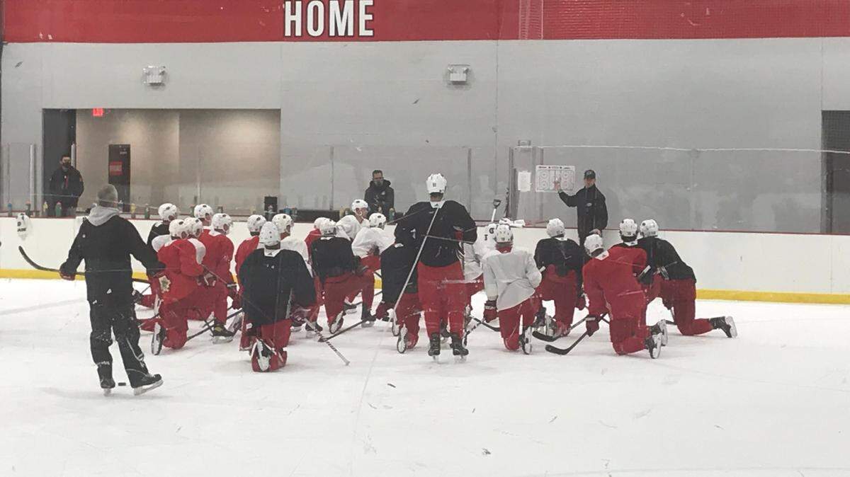 Carolina Hurricanes coach Rod Brind’Amour talks to his team Jan. 4 on the first day of training camp.