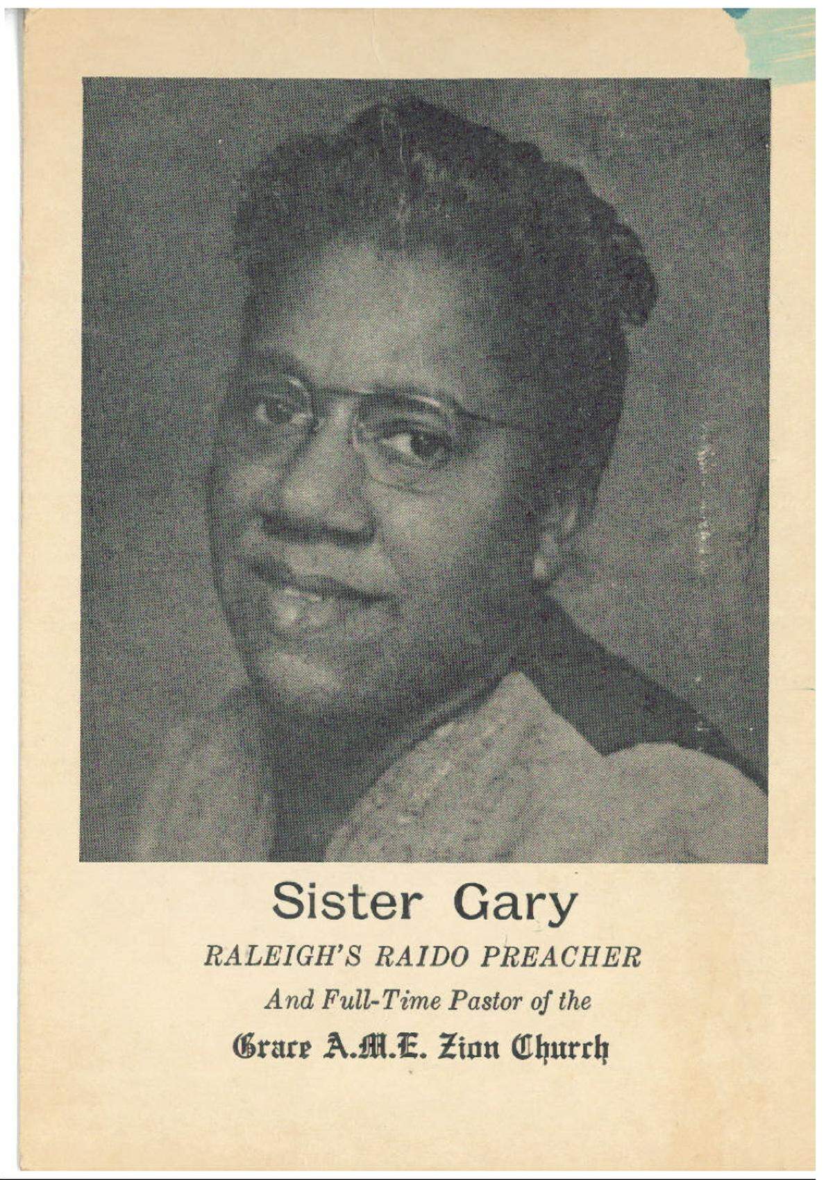 Sister Mabel Gary Philpot was the first Black radio host on WRAL and then on television with her gospel style preaching that united black and white Christians in Raleigh. She was also pastor at Grace A.M.E. Zion Church.