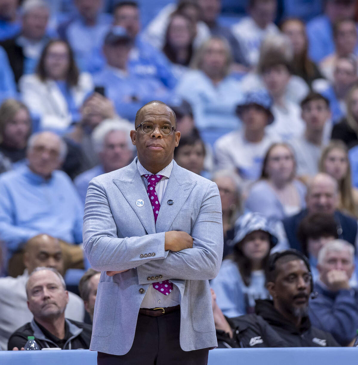 North Carolina coach Hubert Davis reacts as Syracuse cuts the Tar Heels’ lead to six points late in the second half on Monday, February 2, 2026 at the Smith Center in Chapel Hill, N.C.