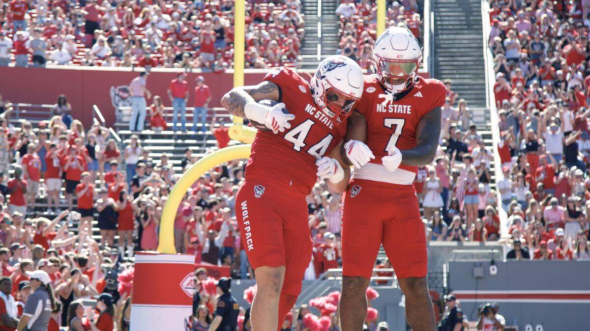 N.C. State’s Cody Hardy and Justin Joly celebrate following a Wolfpack touchdown during the first half against Campbell on Saturday, Oct. 4, 2025, at Carter-Finley Stadium in Raleigh, N.C.