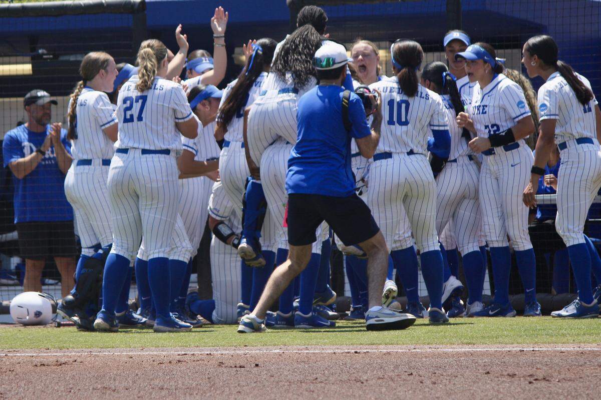 Duke softball celebrates during its NCAA Tournament regional final against Arizona at Smith Family Stadium in Durham, NC, on May 17, 2026.