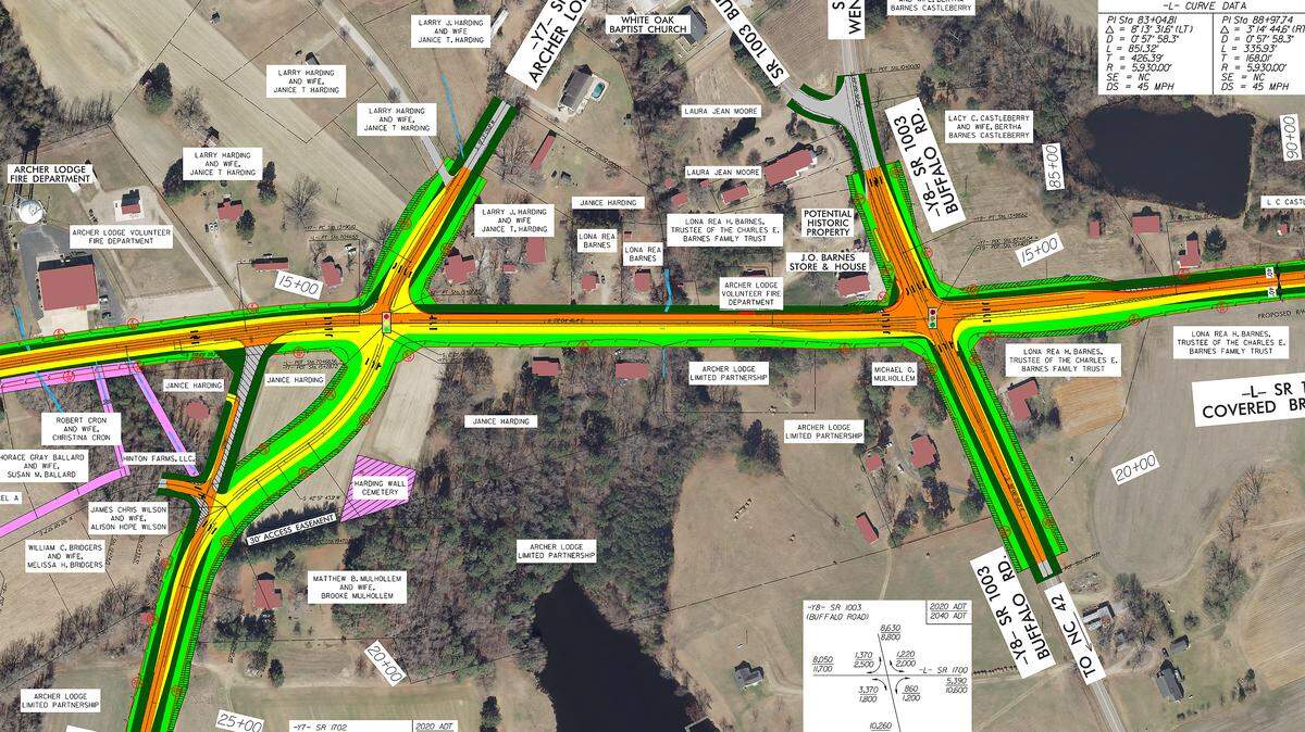 Diagram showing planned realignment of South Murphrey Road to meet Archer Lodge Road at Covered Bridge Road in northern Johnston County. Reconstruction of a 1.5-mile stretch of Covered Bridge Road is scheduled to begin in the fall of 2026.