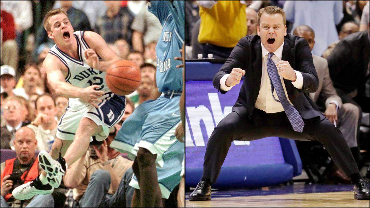 At left, Duke’s Steve Wojciechowski plays in the ACC finals against North Carolina in 1998. At right, Wojciechowski coaches Marquette during a game against Georgetown in 2016.