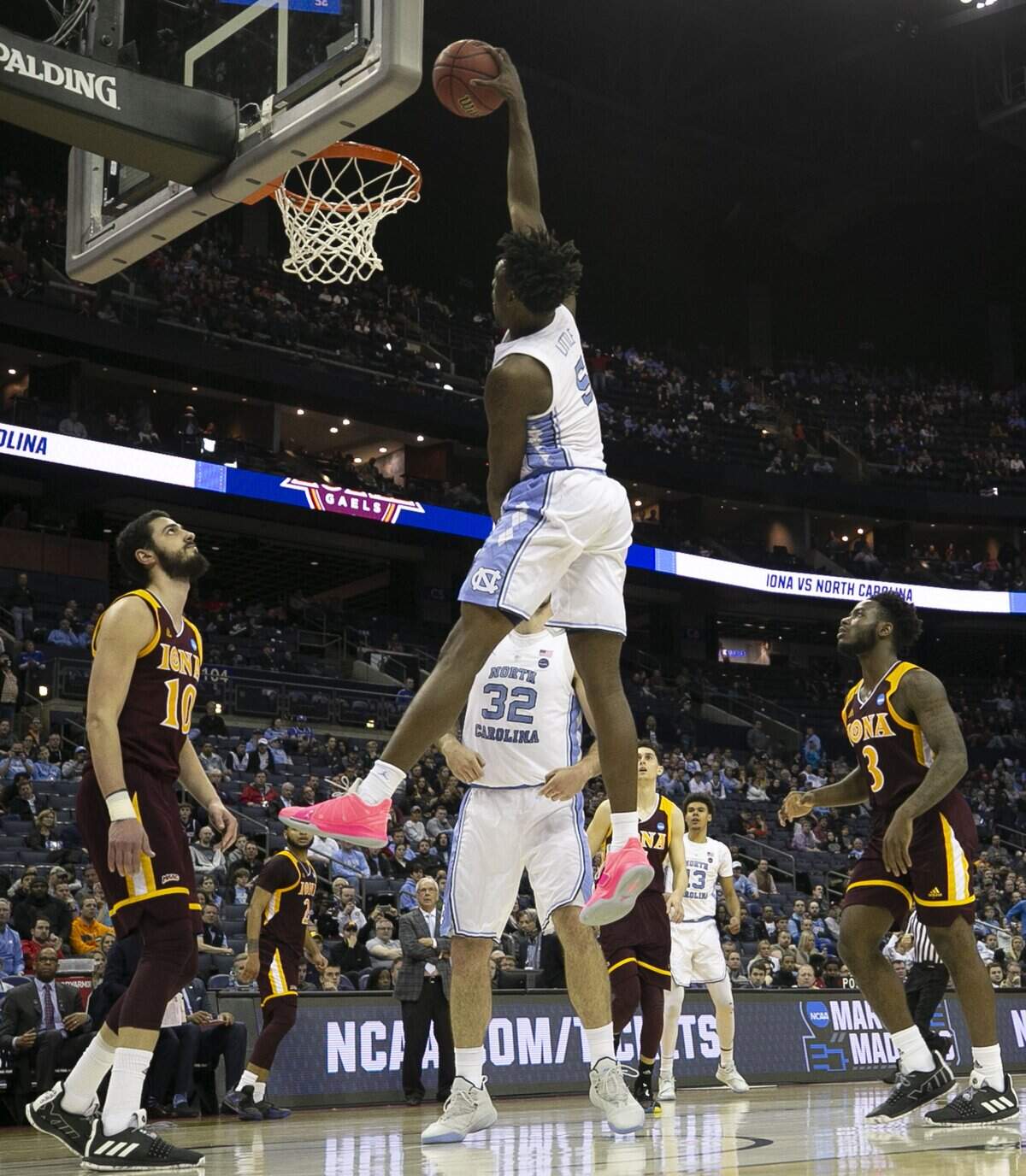 North Carolina’s Nassir Little (5) soars to the basket for two of his 19 points in the second against Iona on Friday, March 22, 2019 at Nationwide Arena in Columbus, Ohio. Little scored 19 points.