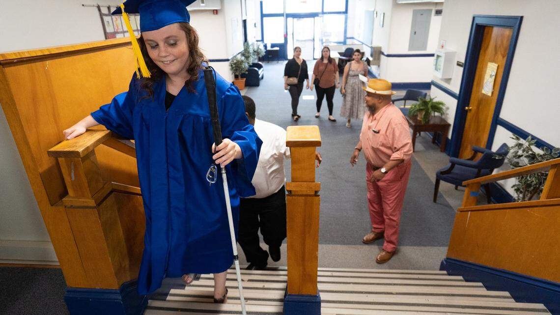 Class of 2022 Graduate Kaylee Grace Yarbrough from Fayetteville, N.C. heads into the auditorium for the Governor Morehead School’s Commencement Ceremony at Lineberry Hall in Raleigh, N.C. on Friday, June 3, 2022. Students such as Yarbrough come from across the state to the K-12 school for its education services for the deaf and visually impaired.