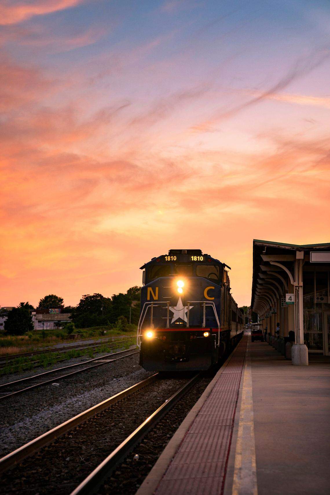 The Piedmont, a state-owned Amtrak train that runs daily between Raleigh and Charlotte, arrives at the Greensboro station on June 5, 2022.