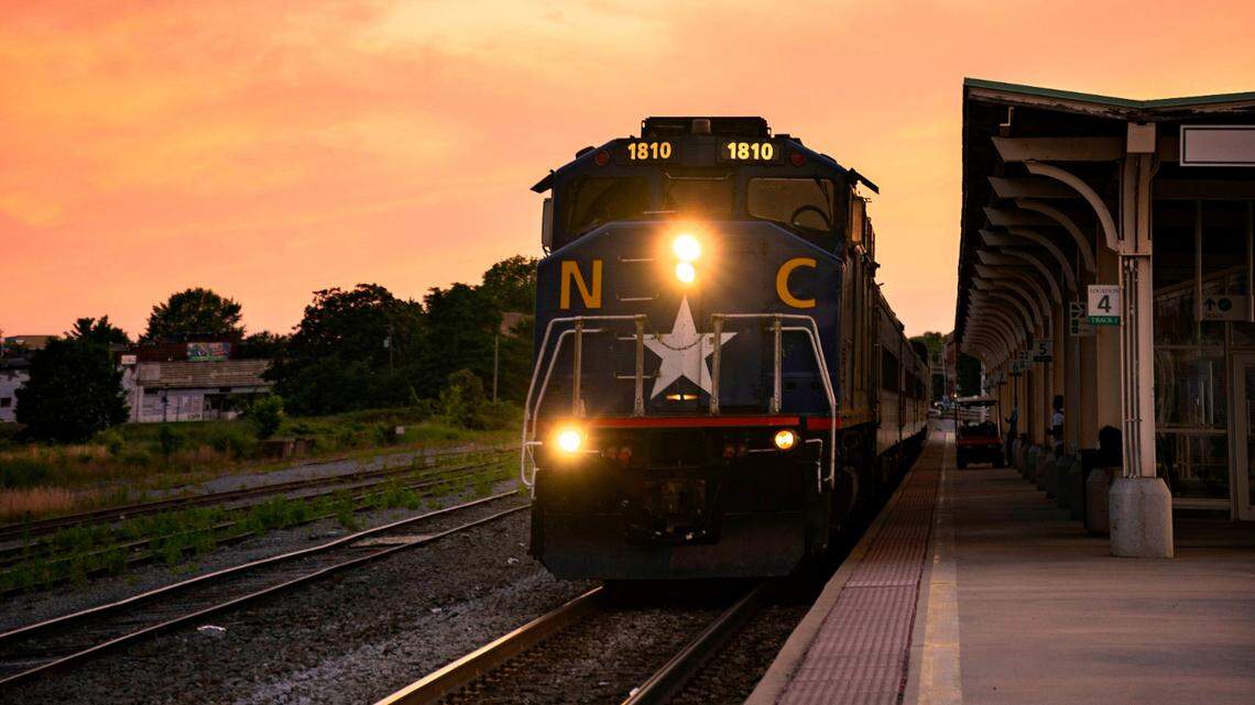 The Piedmont, a state-owned Amtrak train that runs daily between Raleigh and Charlotte, arrives at the Greensboro station on June 5, 2022.