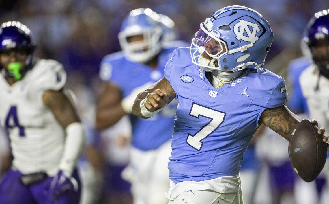 North Carolina quarterback Gio Lopez (7) looks for an open receiver in the third quarter against TCU on Monday, September 1, 2025 at Kenan Stadium in Chapel Hill, N.C. 