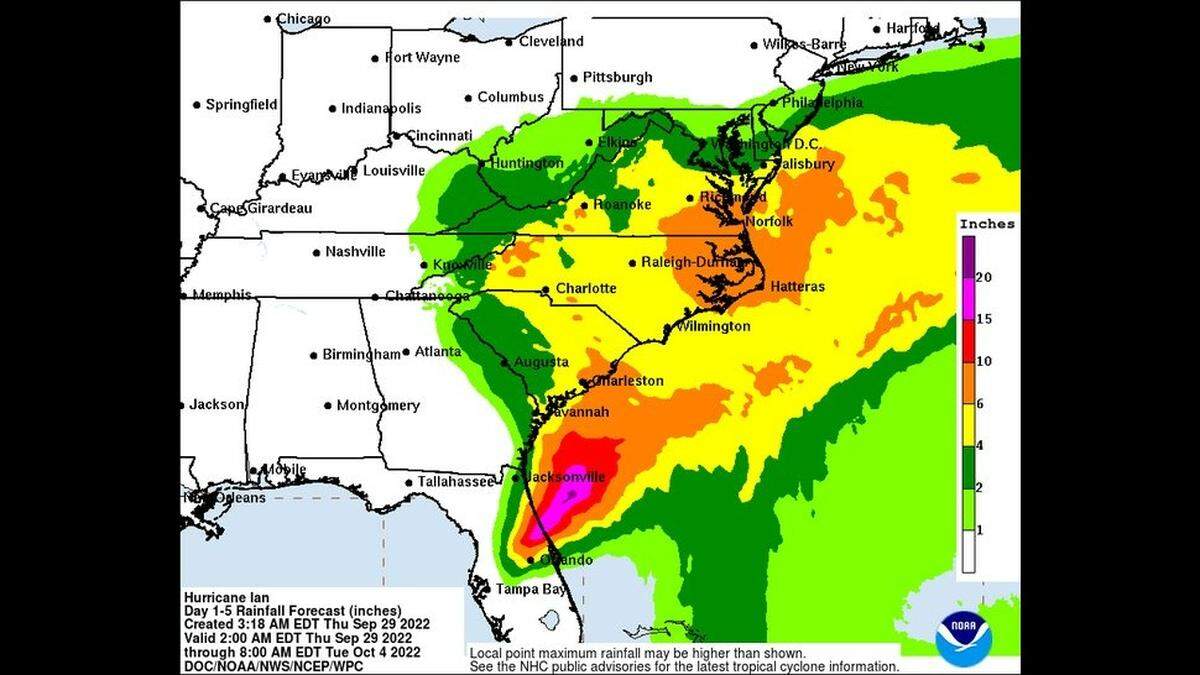 A tropical storm warning is in effect for a large part of the North Carolina coast as Tropical Storm Ian remains on track to cross the state, bringing a deluge of rain and 50 mph gusts, according&nbsp;to the National Weather Service.