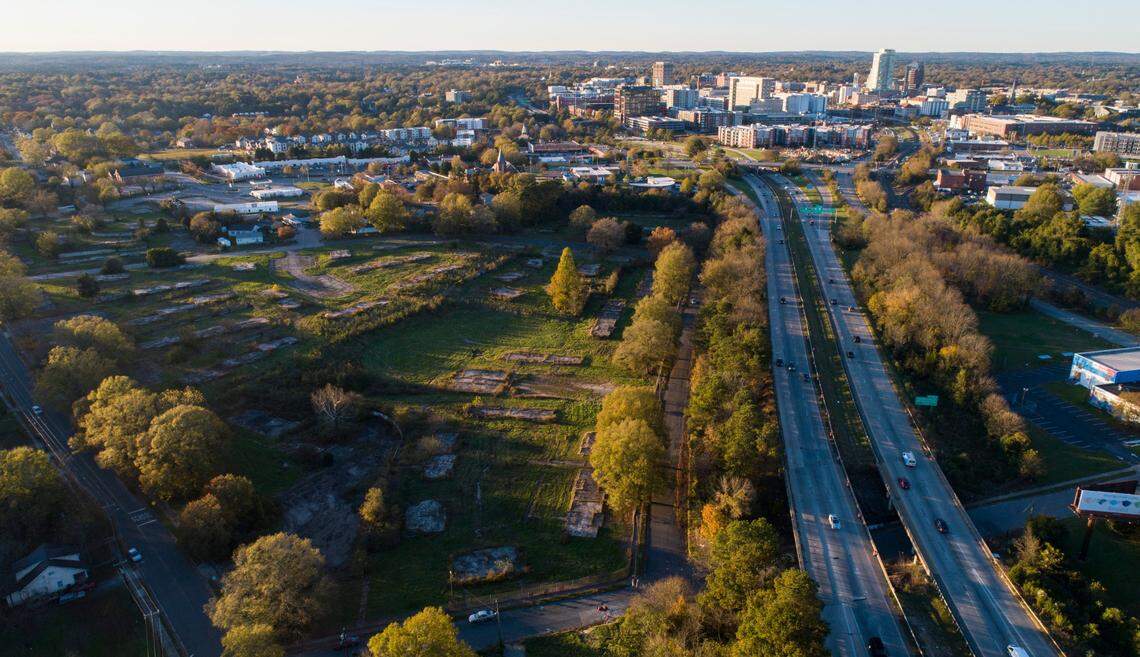 In the 1960s and early ’70s, the Hayti neighborhood was upended for the construction of the Durham Freeway, pictured here on November 16, 2020 leading into downtown.