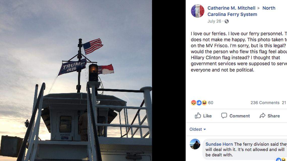 A screenshot of a Facebook post showing a Donald Trump campaign flag flying atop a North Carolina ferry.