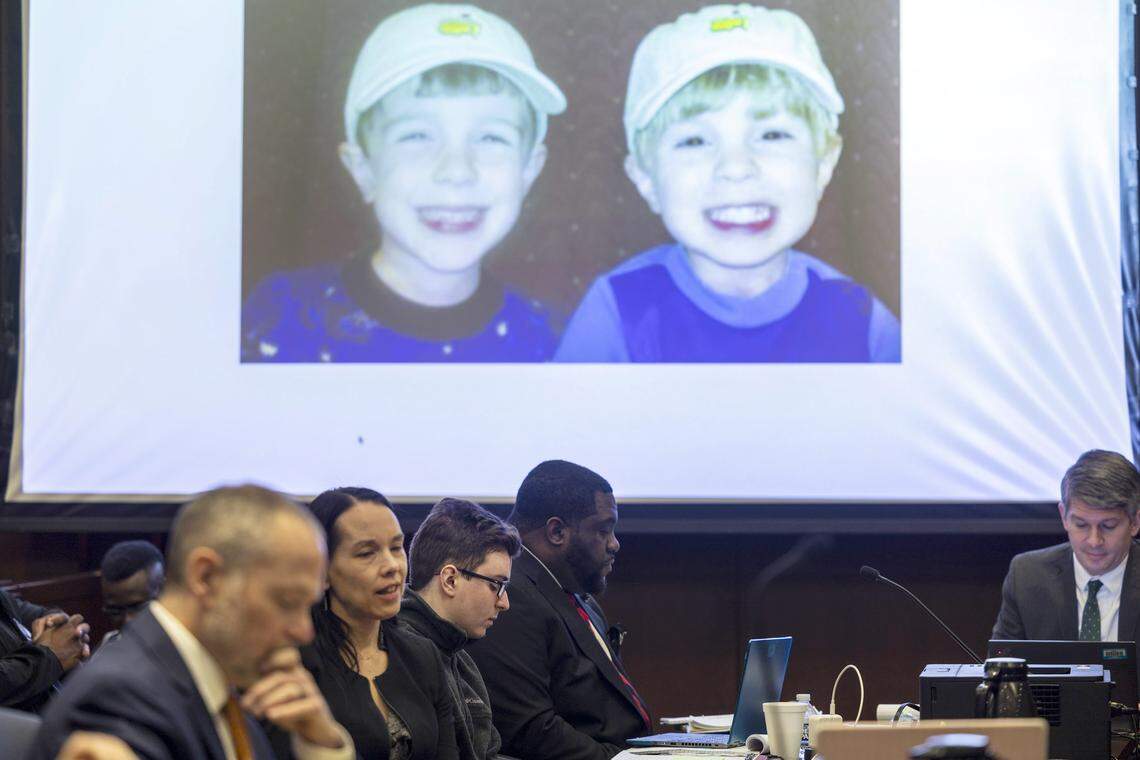 A photograph of James Thompson, left, and his brother, Austin, as children was introduced into evidence during a sentencing hearing in Wake County Superior Court.