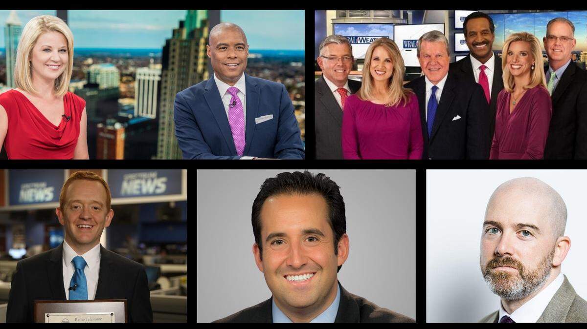 Clockwise: Angela Taylor and Marius Payton of WNCN/CBS17; WRAL news team Greg Fishel, Debra Morgan, David Crabtree, Gerald Owens, Kathryn Brown and Mike Maze; Jeff Tiberii of WUNC radio; WTVD/ABC11’s Jonah Kaplan; Meteorologist Lee Ringer of Spectrum TV.