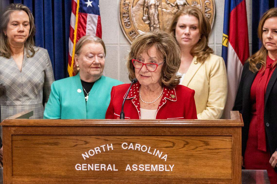 Sen. Joyce Krawiec, a Forsyth County Republican, and other Republican lawmakers involved in the formation of the new abortion restrictions bill, talk to reporters during a press conference on Tuesday, May 2, 2023 at the Legislative Building in Raleigh, N.C.