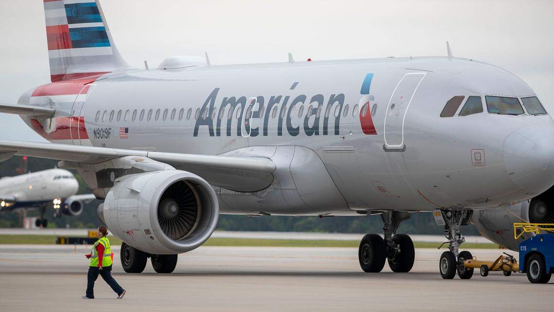 An American Airlines jet on the tarmac at Terminal 2 at Raleigh-Durham International Airport in May 2022. American will resume nonstop flights between RDU and Cancun in November.