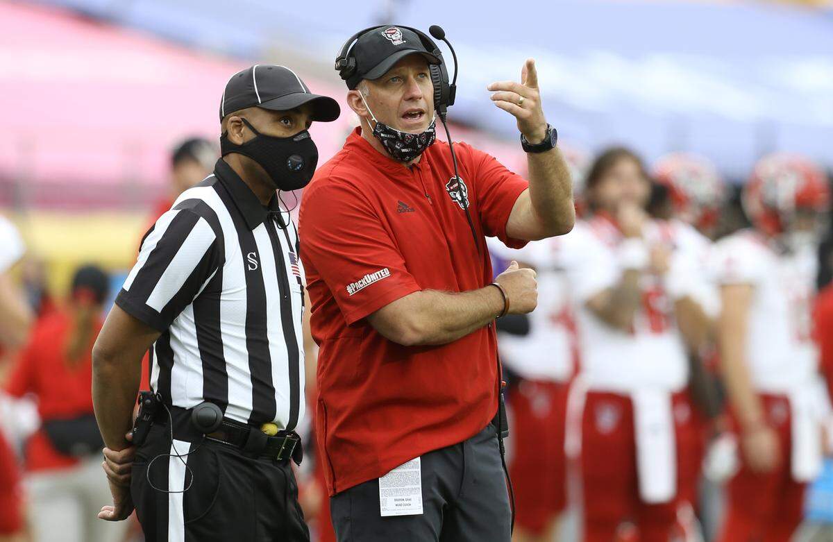 N.C. State head coach Dave Doeren makes a point to an official during the Wolfpack’s game against the Pittsburgh Panthers at Heinz Field in Pittsburgh, PA, Saturday, Oct. 3, 2020.