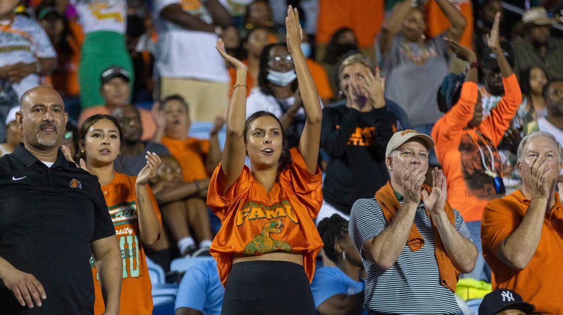 Florida A&M fans celebrate after a touchdown in the third quarter against North Carolina on Saturday, August 27, 2022 at Kenan Stadium in Chapel Hill, N.C.