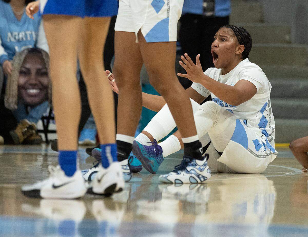 North Carolina’s Reniya Kelly reacts after being called for a foul during the first half of the Tar Heels’ 53-46 overtime victory over Duke on Thursday, Jan. 9, 2025, at Carmichael Arena in Chapel Hill, N.C.