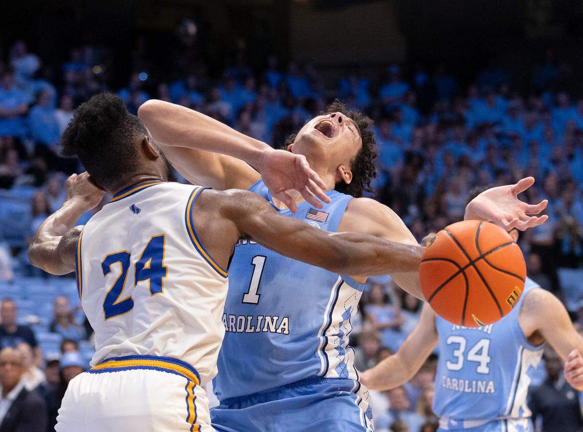 UC Riverside’s Barrington Hargress collides with North Carolina’s Zayden High during the second half of the Tar Heels’ 77-52 win on Friday, Nov. 17, 2023, at the Smith Center in Chapel Hill, N.C.