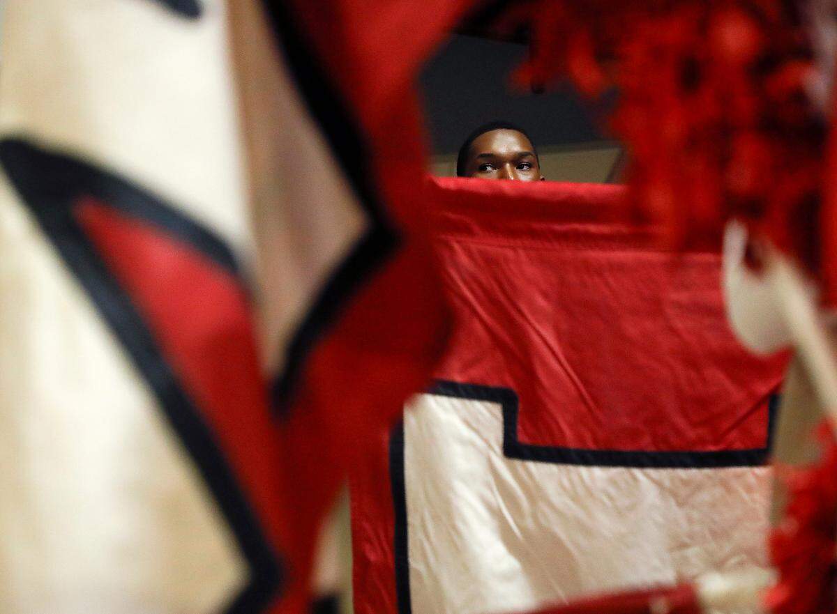 N.C. State cheerleaders wait to take the floor prior to the Wolfpack’s game against North Carolina on Thursday, Feb. 1, 2024, at Reynolds Coliseum in Raleigh, N.C.