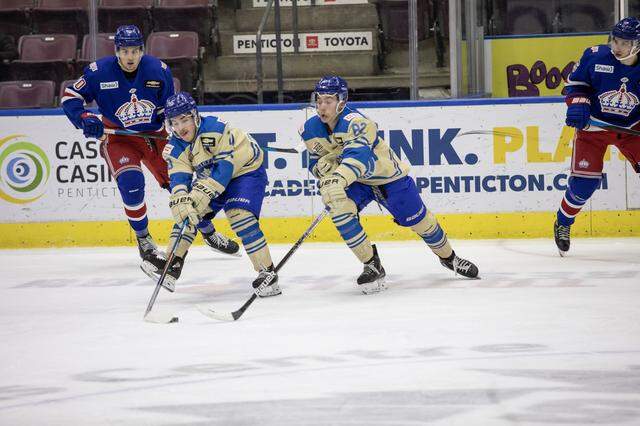 Josh Nadeau, left, and Bradly Nadeau skate for the Penicton Vees during a game last season. Josh is in 2023 development camp with the Carolina Hurricanes, while Bradly was the Canes’ first-round pick, No. 30 overall, in the 2023 NHL Draft.