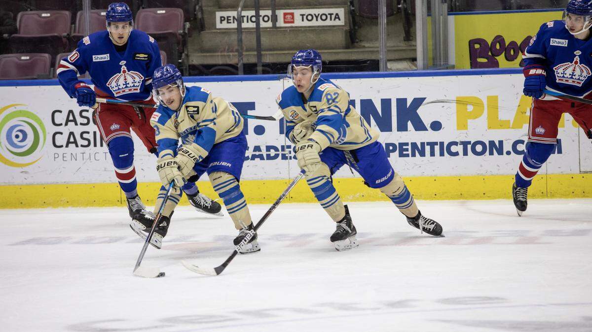 Josh Nadeau, left, and Bradly Nadeau skate for the Penicton Vees during a game last season. Josh is in 2023 development camp with the Carolina Hurricanes, while Bradly was the Canes’ first-round pick, No. 30 overall, in the 2023 NHL Draft.