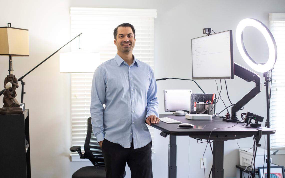 Ryan Bethencourt, founder of plant-based dog-food company Wild Earth, stands for a portrait in his home office in Durham, N.C. on Oct. 29, 2021.