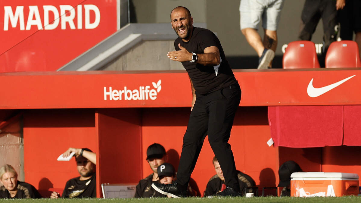 Lebanese-born Swedish coach Mak Lind of BK Hacken shouts instructions to players during a UEFA Women's Champions League qualification match against Atletico Madrid at the Centro Deportivo Wanda in Alcala de Henares, near Madrid, Spain, on Sept. 18, 2025.