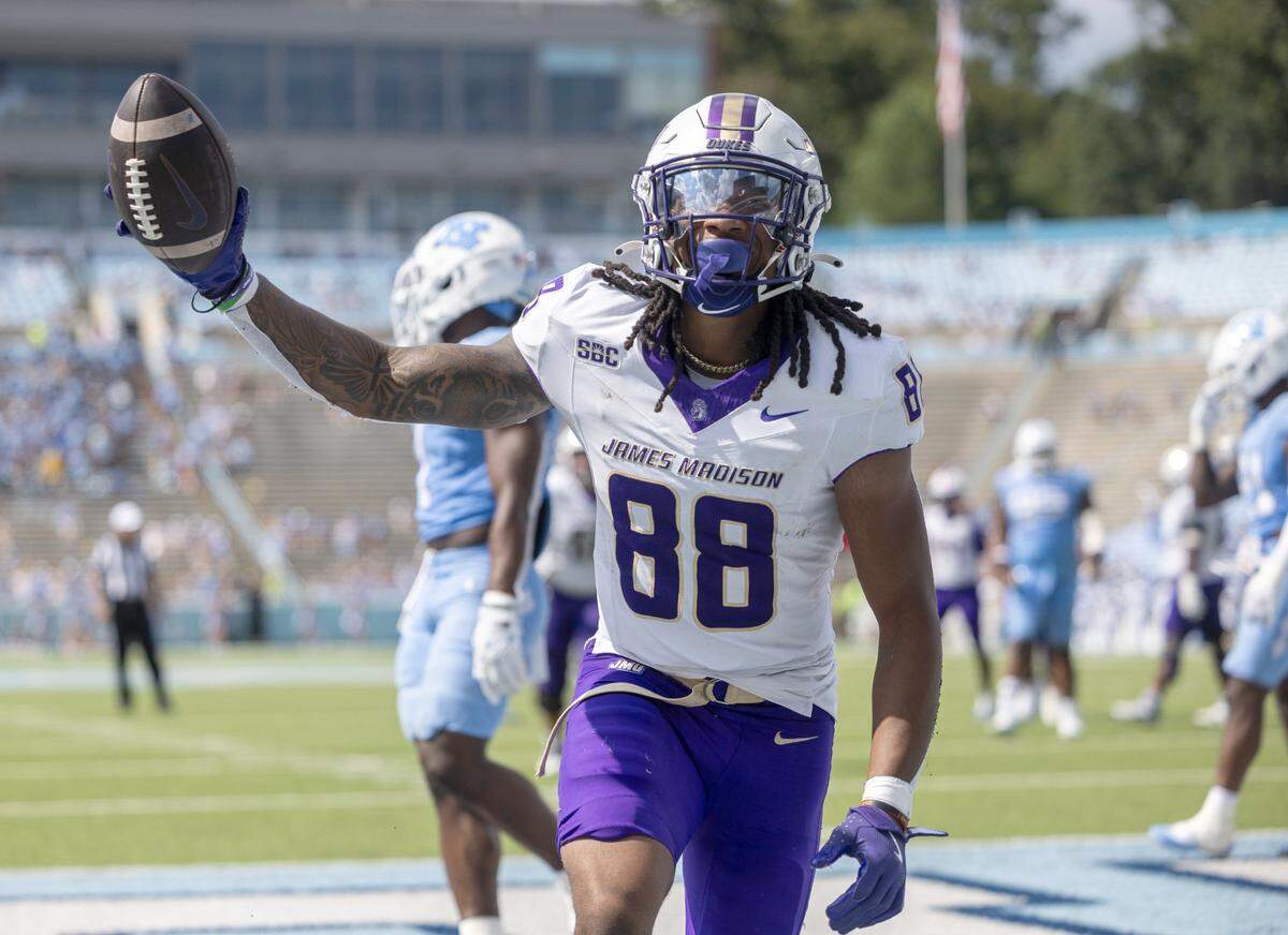 James Madison wide receiver Dylan Williams (88) scores a touchdown on a seven-yard pass completion from quarterback Alonza Barnett III, to give the Dukes a 60-24 lead over North Carolina in the third quarter on Saturday, September 21, 2024 at Kenan Stadium in Chapel Hill, N.C.