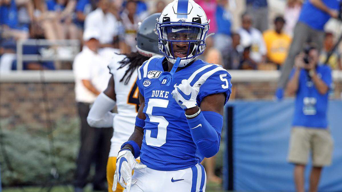 Duke’s Jalon Calhoun (5) celebrates his touch down against North Carolina A&T during the first half of an NCAA college football game in Durham, N.C., Saturday, Sept. 7, 2019.