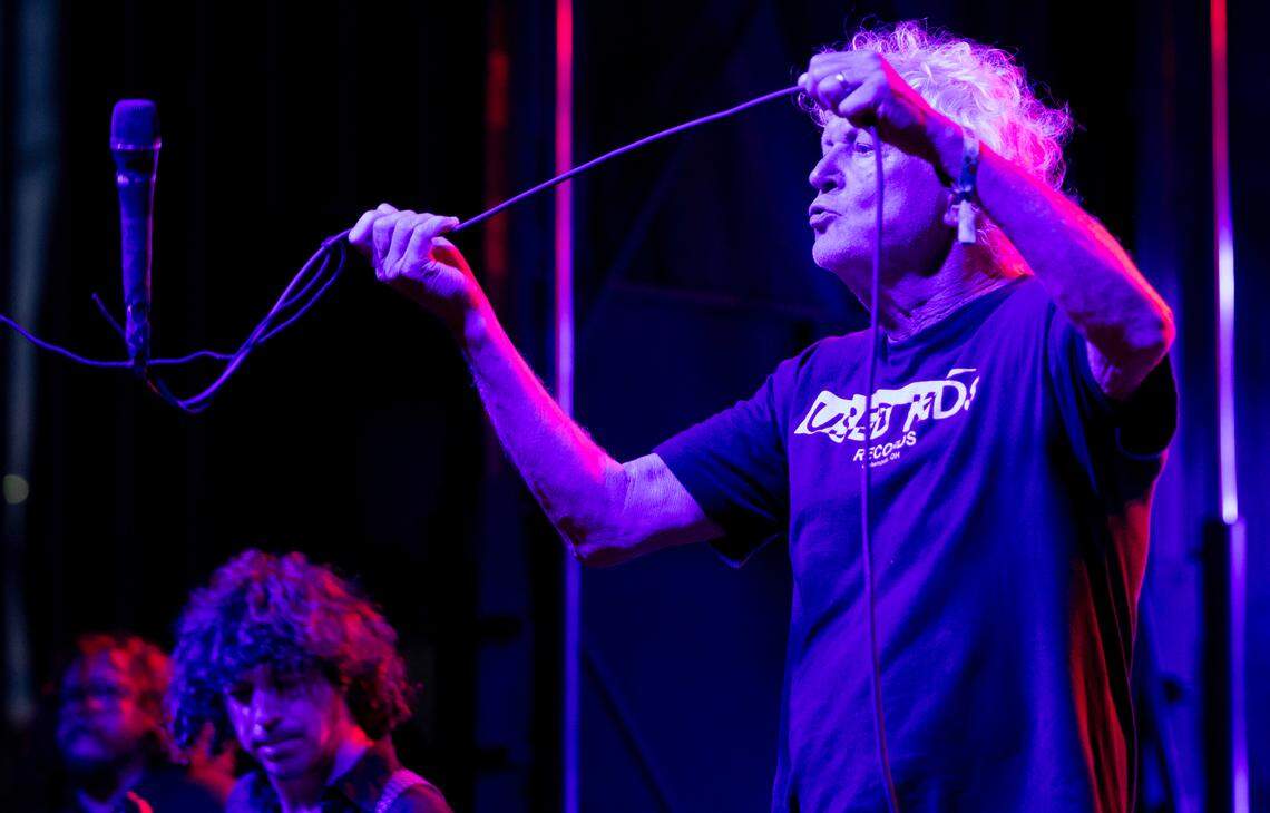 Robert Pollard, lead singer of Guided By Voices spins his mic during their set on the final night of the 2024 Hopscotch Music Festival in Raleigh, N.C., Saturday, Sept. 7, 2024.