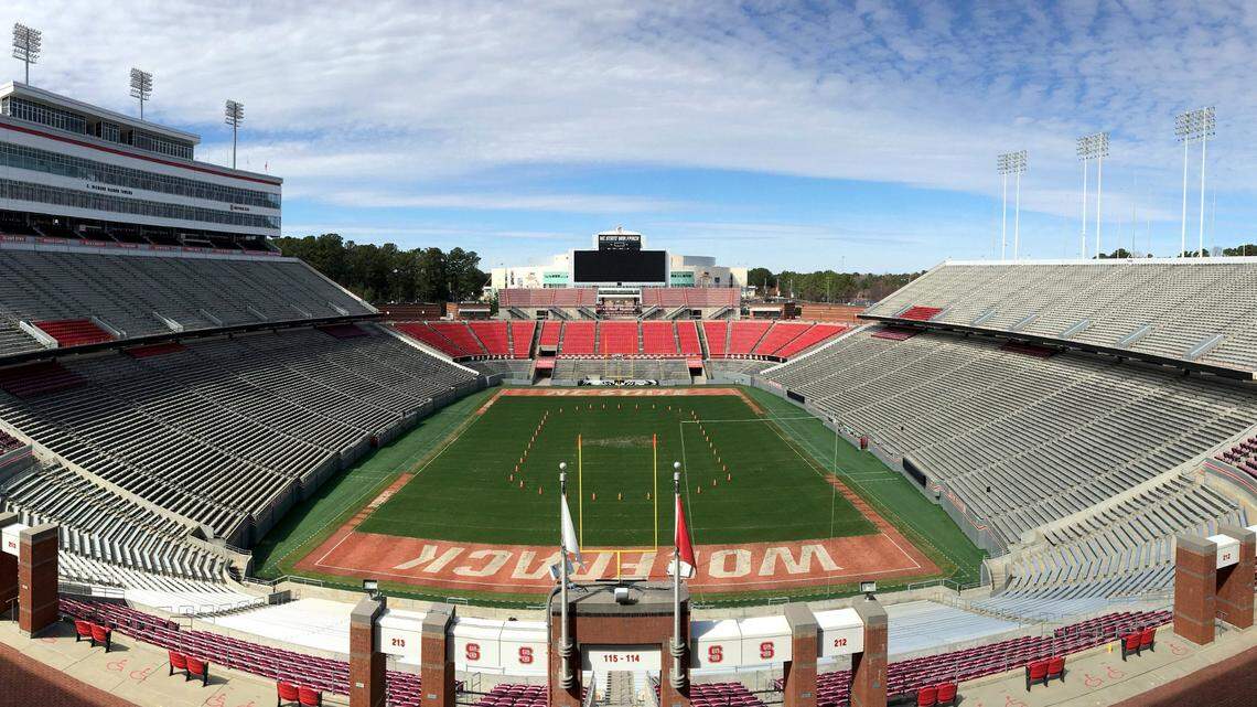 Carter-Finley Stadium seen in this iPhone panorama photo taken Tuesday, Feb. 26, 2019. The cones on the field mark an approximate location for an outdoor hockey rink.