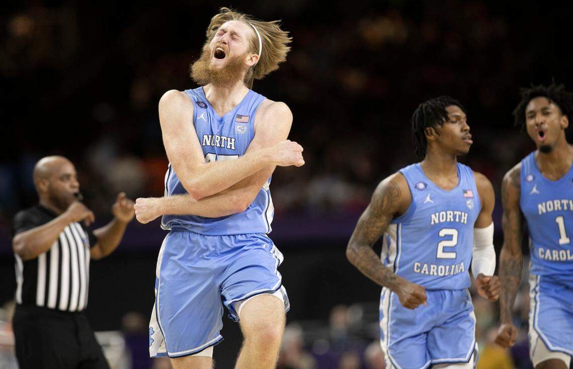 North Carolina’s Brady Manek (45) reacts after a three-point basket to give the Tar Heels a 28-22 lead over Kansas during the first half of the NCAA Championship game on Monday, April 4, 2022 at Caesars Superdome in New Orleans, La.
