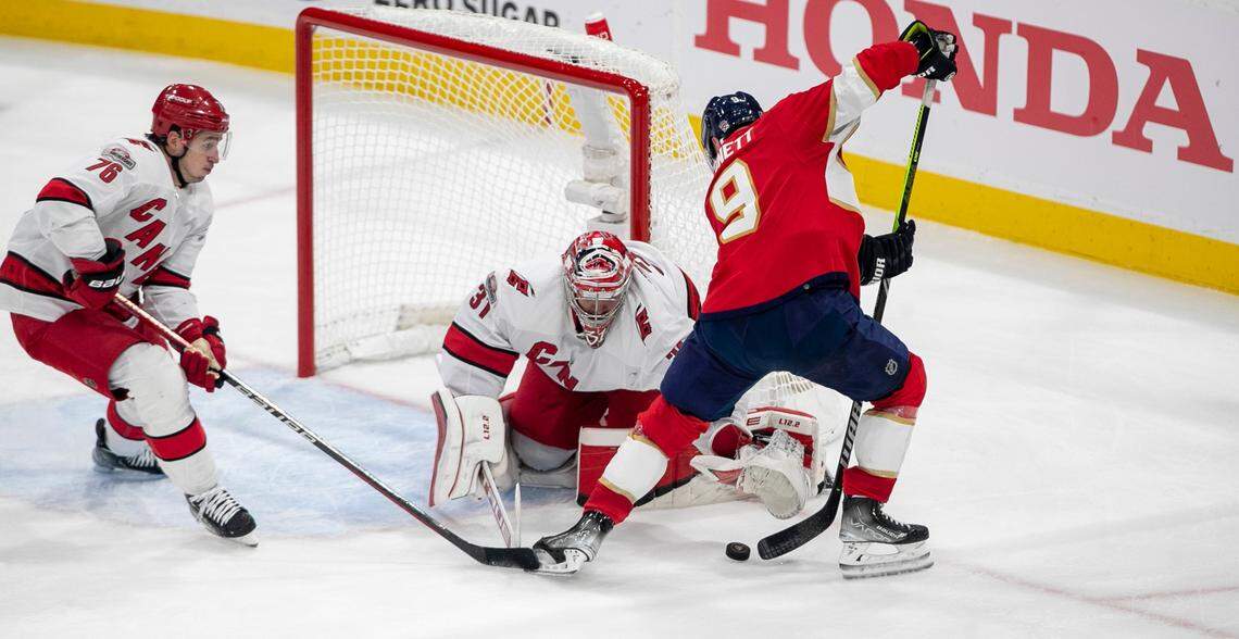 The Florida Panthers Sam Bennett (9) tries a scoring attempt on Carolina Hurricanes Frederik Andersen (31) in the second period of Game 3 of the Eastern Conference Finals on Monday, May 22, 2023 at FLA Live Arena in Sunrise, Fla.