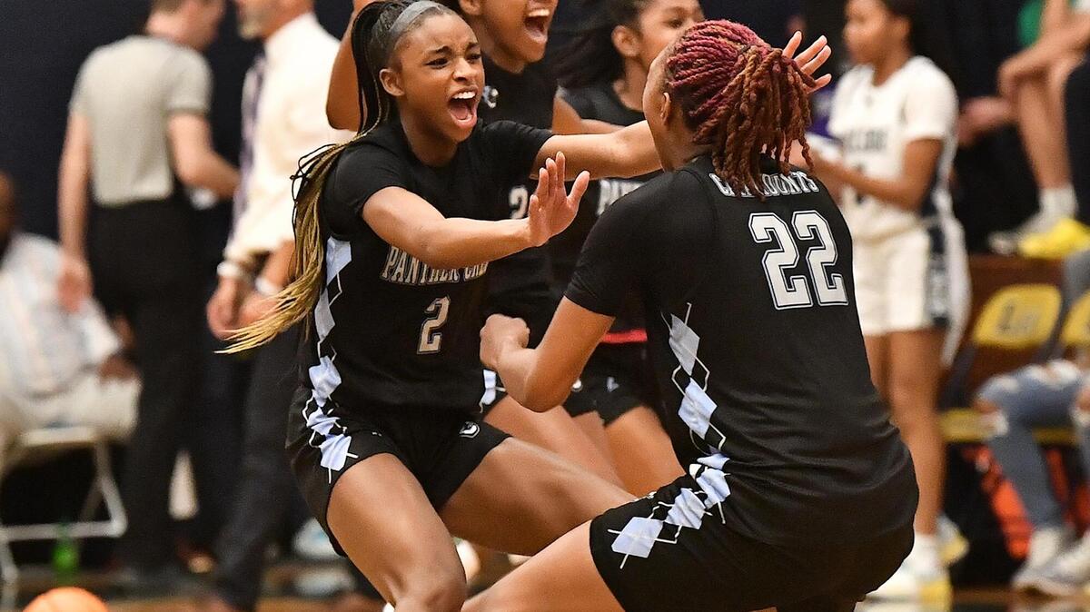 Hillside’s Taylor Barner (2) and Amira Ofunniyn (22) celebrate after their team’s defeat of Hilside in the East Regional Finals. The Hillside Hornets and the Panther Creek Catamounts met in the NCHSAA 4A East Regional Finals in Sanford, N.C. on March 4, 2023.