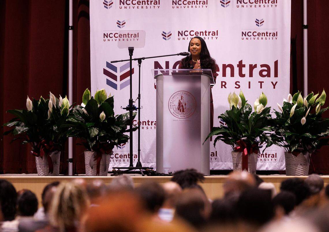 Karrie Dixon speaks after being named the new chancellor of North Carolina Central University on Thursday, June 6, 2024, in Durham, N.C.