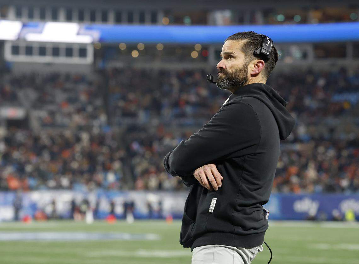 Duke head coach Manny Diaz watches from the sidelines during the second half of the Blue Devils’ 27-20 overtime win over Virginia in the ACC Football Championship on Saturday, Dec. 6, 2025, at Bank of America Stadium in Charlotte, N.C.