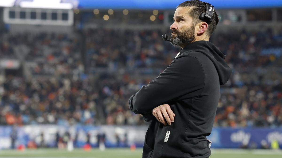 Duke head coach Manny Diaz watches from the sidelines during the second half of the Blue Devils’ 27-20 overtime win over Virginia in the ACC Football Championship on Saturday, Dec. 6, 2025, at Bank of America Stadium in Charlotte, N.C.