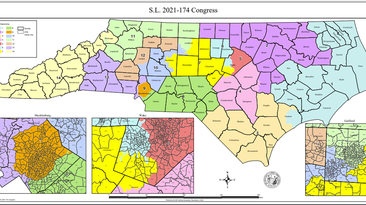 The map that NC Republican lawmakers originally drew in 2021 for North Carolina’s 14 U.S. House districts, which was ruled unconstitutional on Feb. 4, 2022.