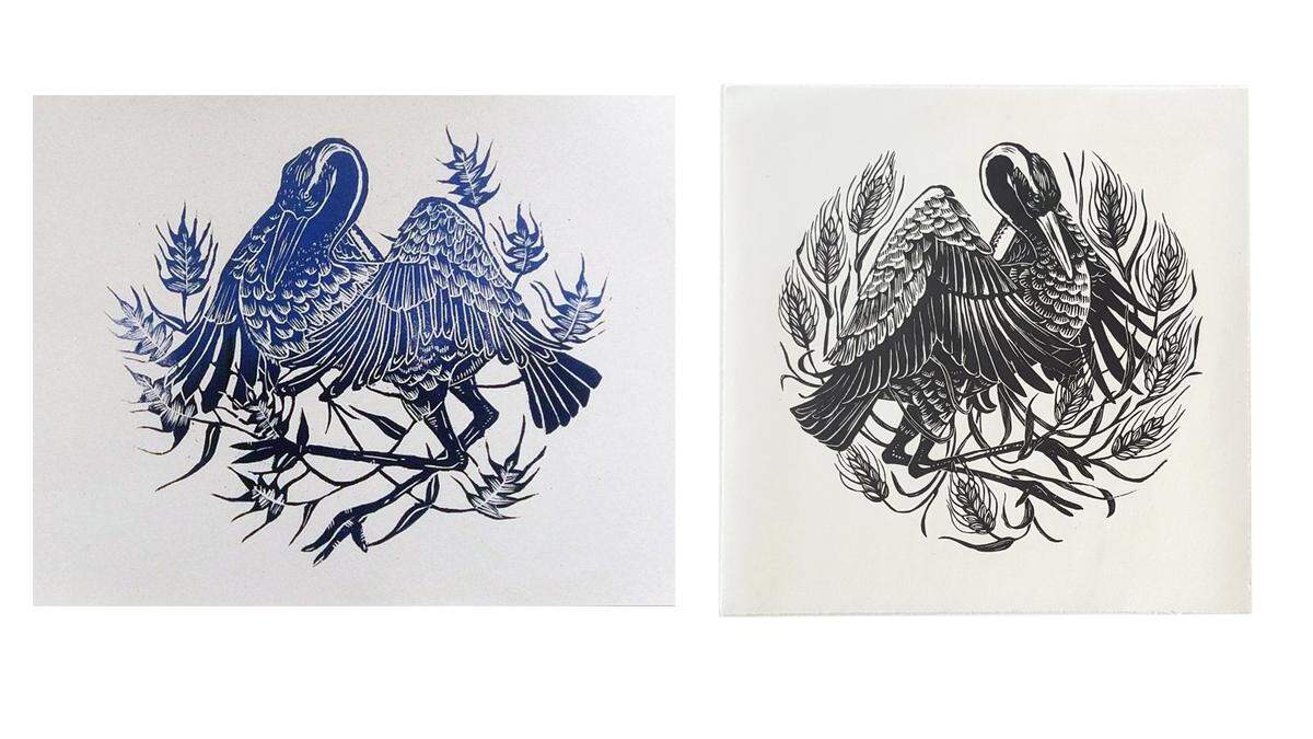 Lauren Ralph’s “Crane Mid-flight,” from Ralph’s Etsy site, left, and Amsterdam artist Maarit Hänninen’s “Lintukoto.”