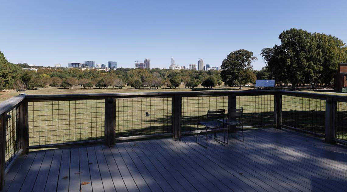 The downtown Raleigh skyline is visible from the deck of Flowers Cottage.