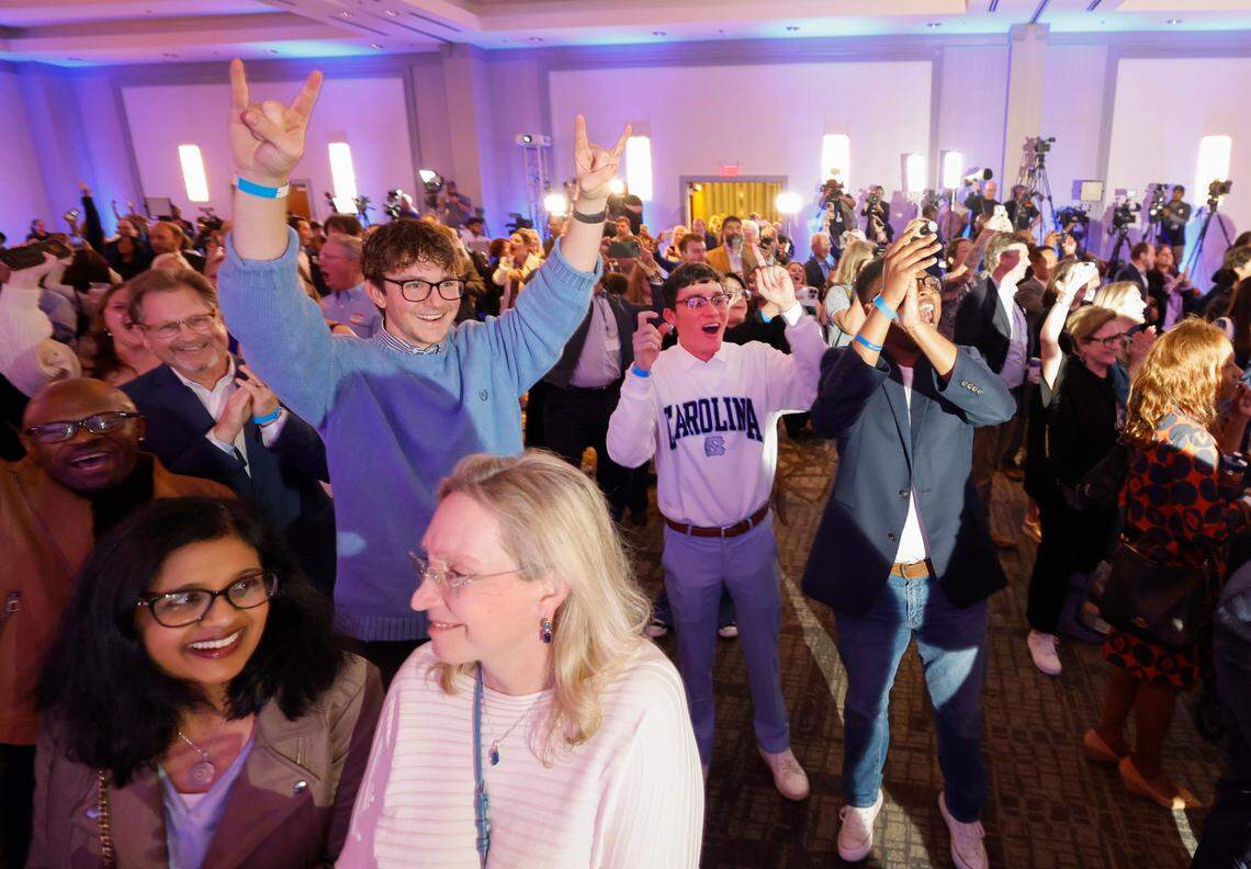 The crowd at the North Carolina Democratic Party election night party celebrates after NBC News projected Josh Stein winning the N.C. governor race. The party is at the Marriott City Center in Raleigh, N.C., Tuesday, Nov. 5, 2024.