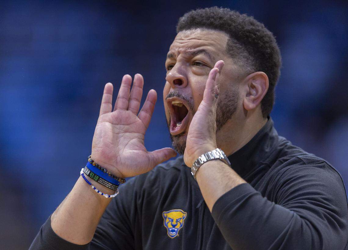 Pitt coach Jeff Capel yells instructions to his players on defense in the first half against North Carolina on Saturday, February 14, 2026 at the Smith Center in Chapel Hill, N.C. 